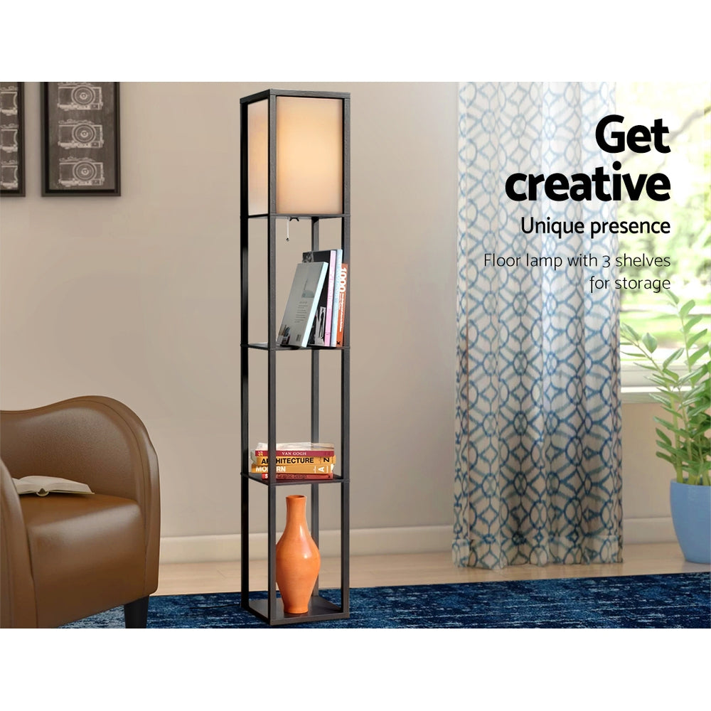 Black three tier shelf floor lamp with storage