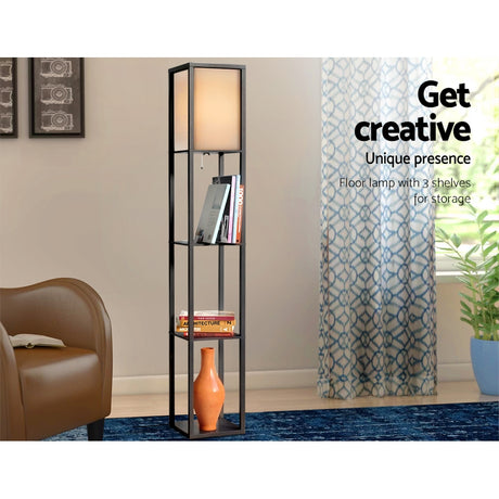 Black three tier shelf floor lamp with storage