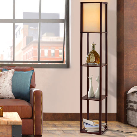 Brown three tier shelf floor lamp with storage