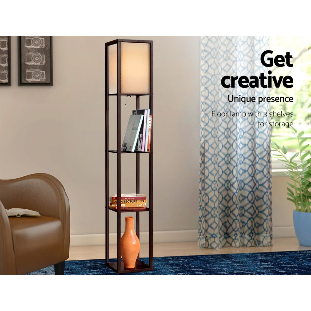 Brown three tier shelf floor lamp with storage