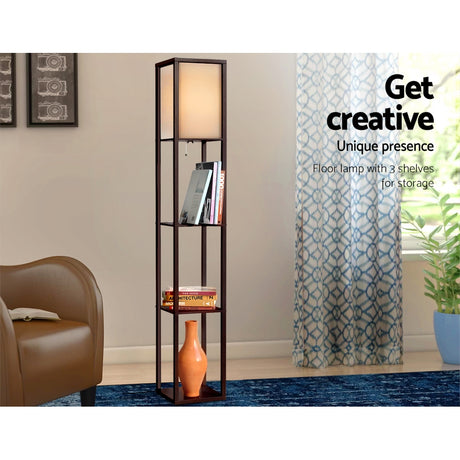 Brown three tier shelf floor lamp with storage