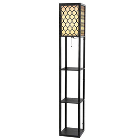 Sterling black pattern three tier shelf LED floor lamp in a living room