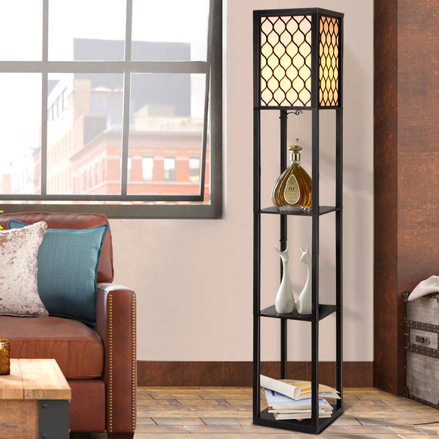 Black three tier shelf floor lamp with storage