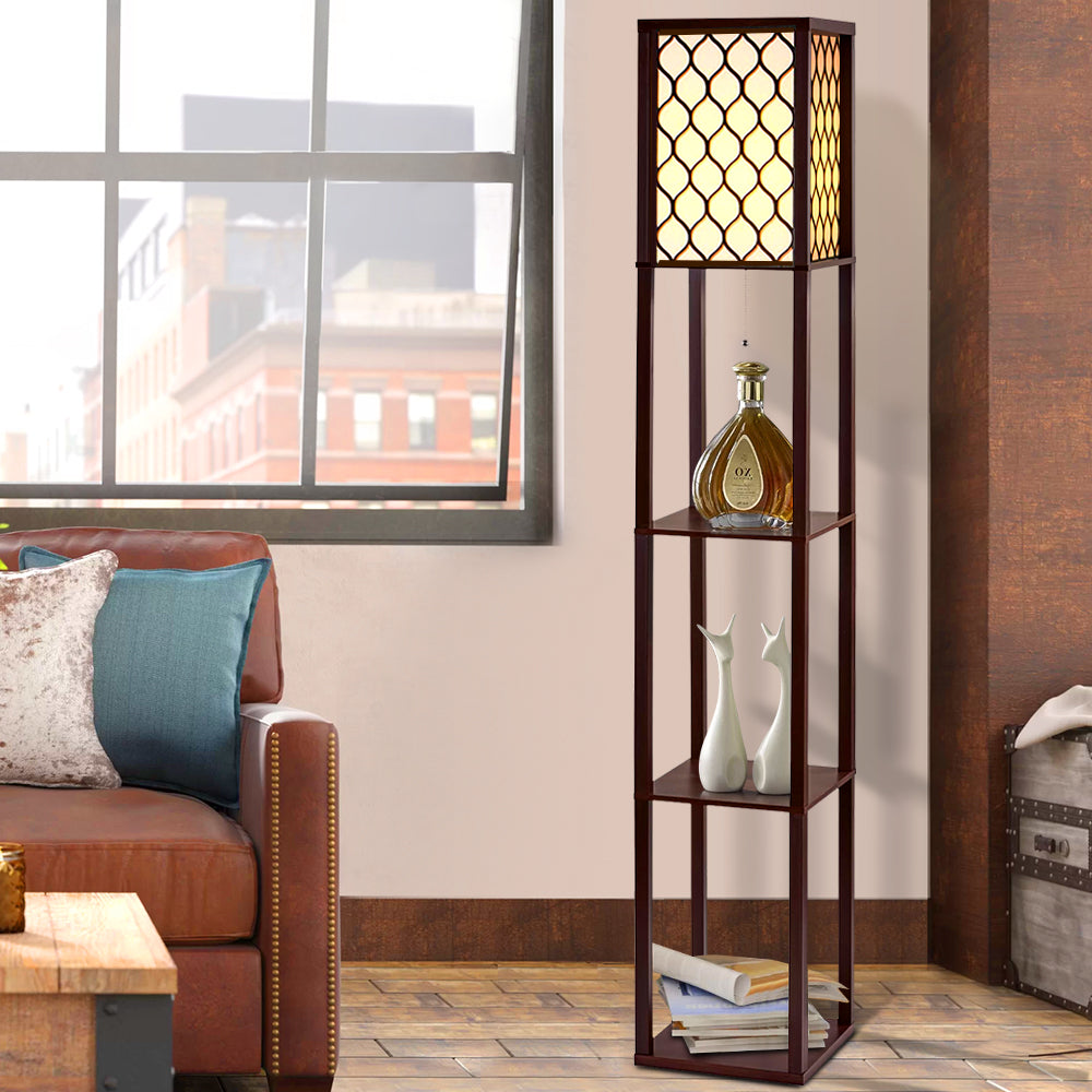 Brown three tier shelf floor lamp with storage