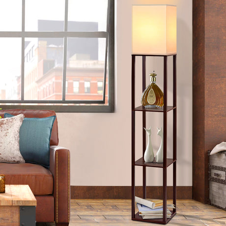 Walnut three tier shelf floor lamp with storage