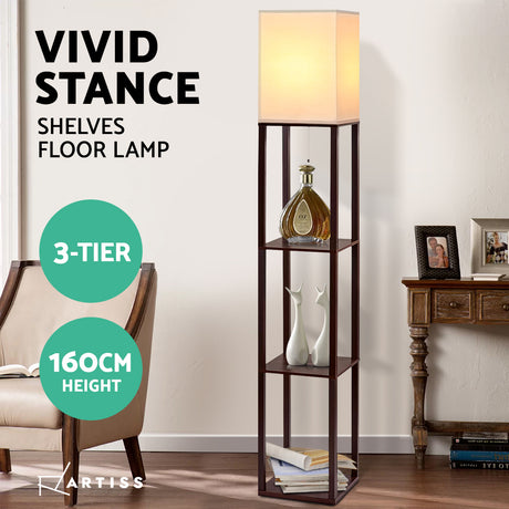 Walnut three tier shelf floor lamp with storage
