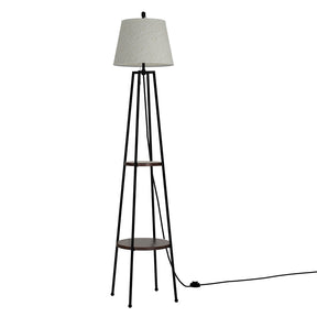 Lysander black two tier shelf LED floor lamp with linen shade and tripod base