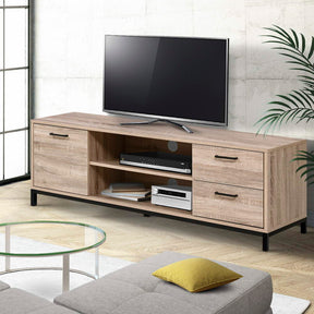 Hadspen 132cm oak and black industrial TV cabinet with steel legs in a living room