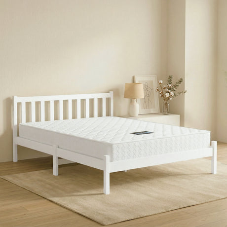 Pine wooden bed frame with medium firm innerspring mattress, double