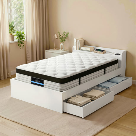 Euro top pocket spring mattress and wooden storage bed frame set, single