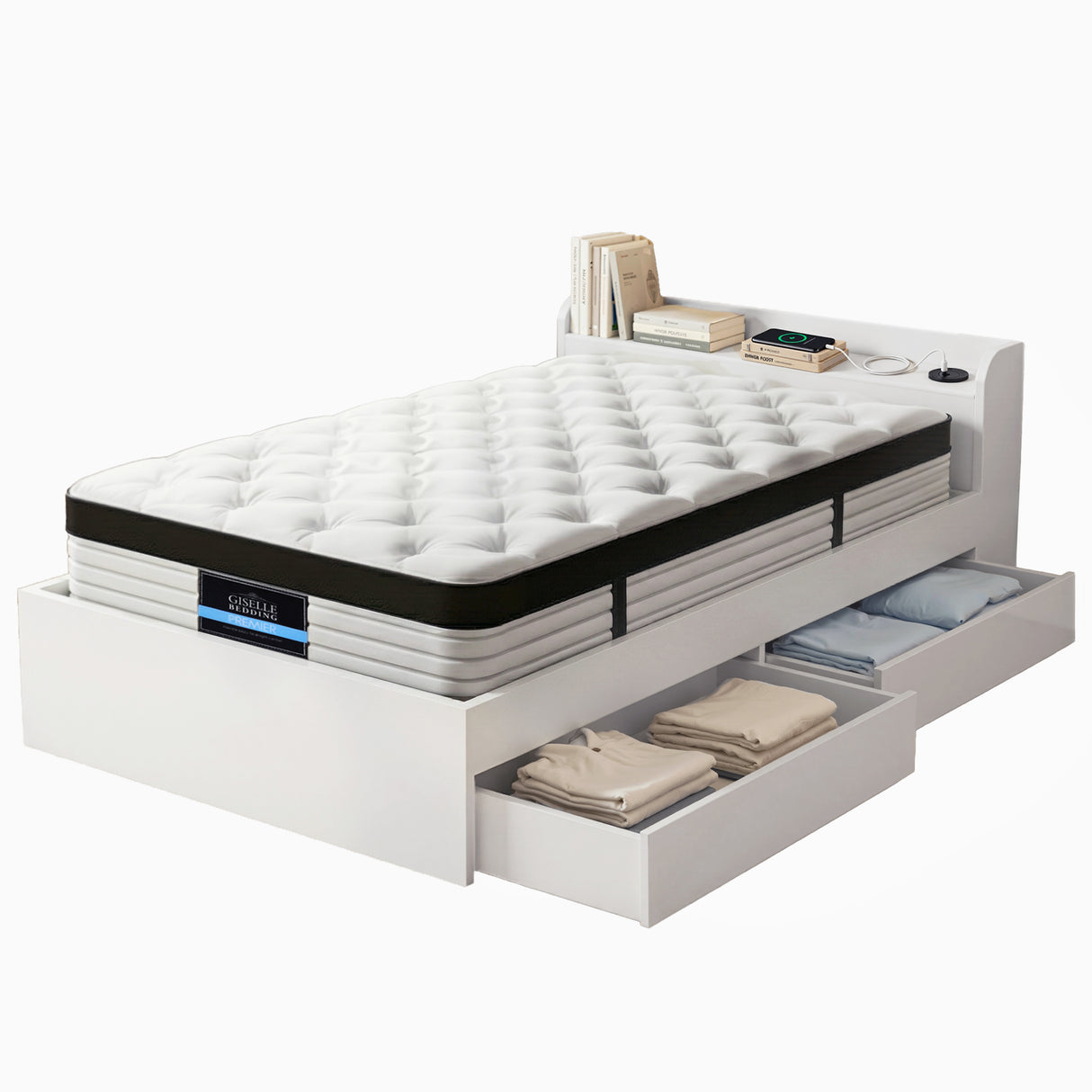 Euro top pocket spring mattress and wooden storage bed frame set, single