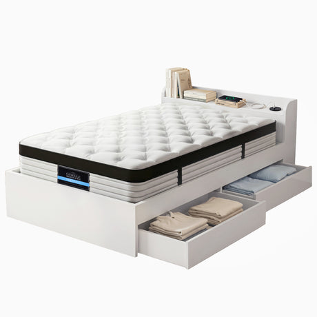 Euro top pocket spring mattress and wooden storage bed frame set, single