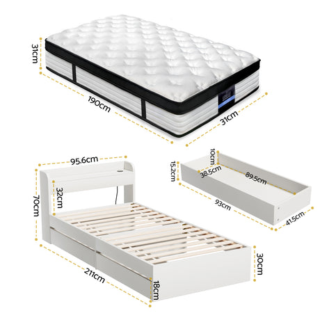 Euro top pocket spring mattress and wooden storage bed frame set, single