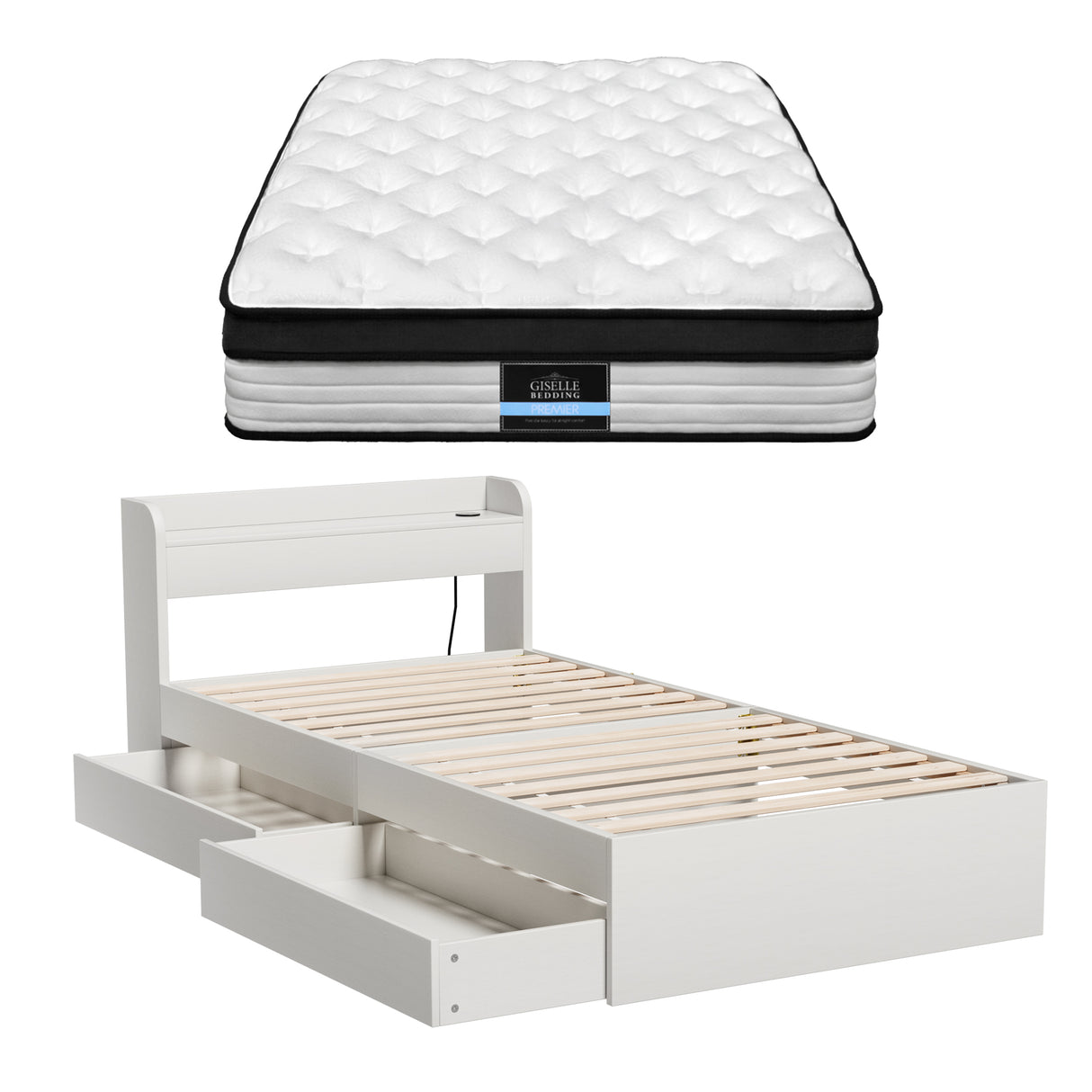 Euro top pocket spring mattress and wooden storage bed frame set, single