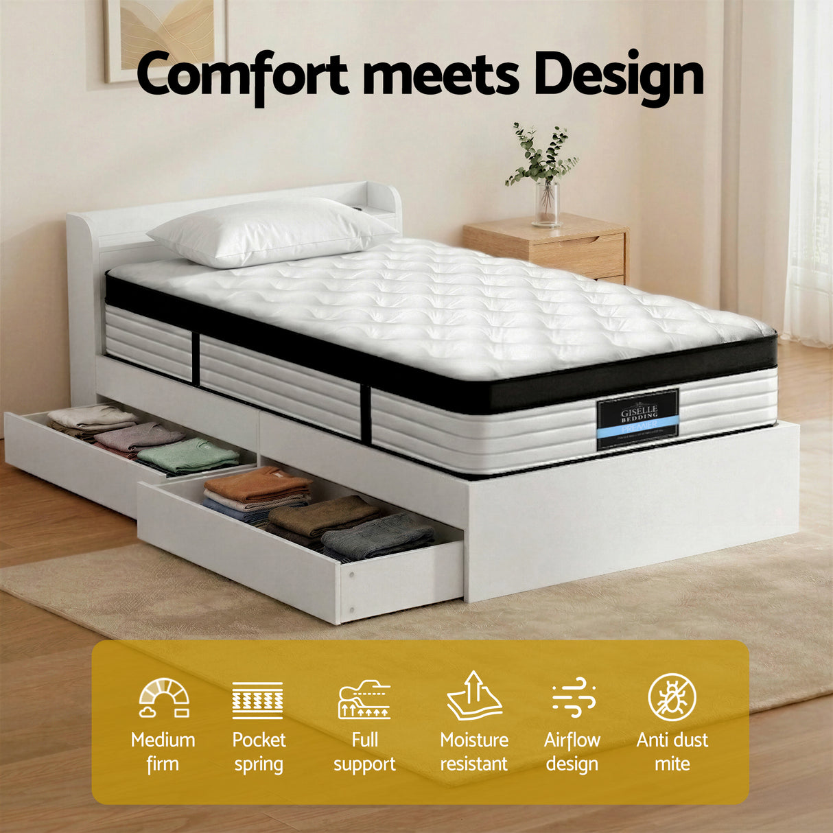Euro top pocket spring mattress and wooden storage bed frame set, single