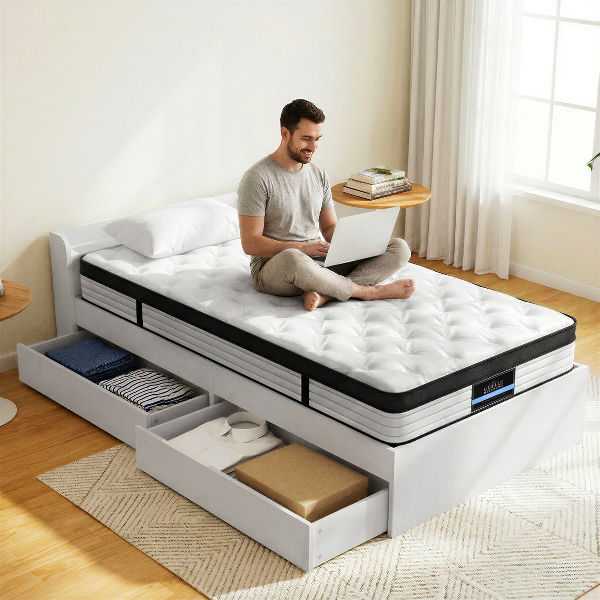 Euro top pocket spring mattress and wooden storage bed frame set, single