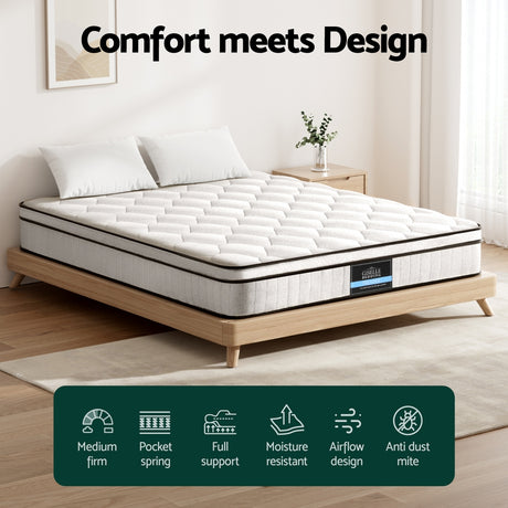 Giselle 22cm Euro Top Pocket Spring Mattress — 6-Turn Enhanced Coils, Medium Firm — Allure Home Collections