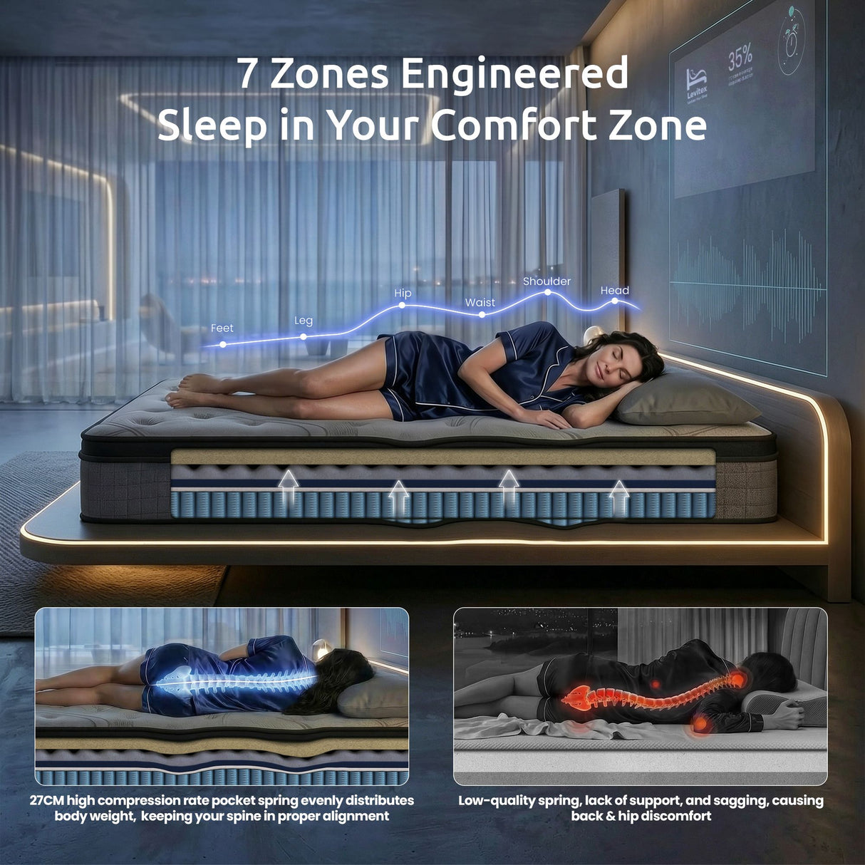 Extra Firm 7 Zone Pocket Spring Mattress, 33cm Double