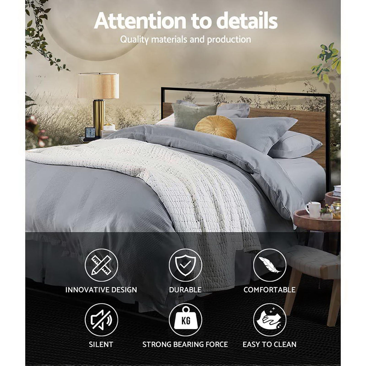 Artiss DANE black industrial double bed frame styled in bedroom — Allure Home Collections