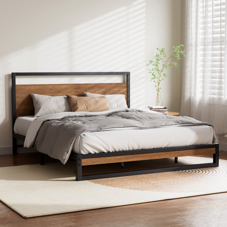 Artiss DANE queen metal bed frame in black steel and MDF dark wood — full view — Allure Home Collections