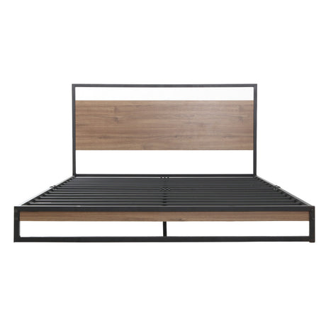 Artiss DANE queen metal bed frame close-up showing steel and MDF dark wood detail — Allure Home Collections