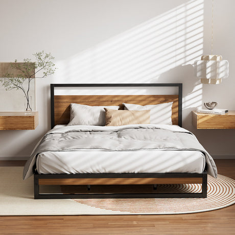 Artiss DANE black industrial queen metal bed frame styled in bedroom — Allure Home Collections