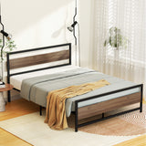 Artiss DREW queen metal platform bed frame in black with pale wood MDF headboard — Allure Home Collections
