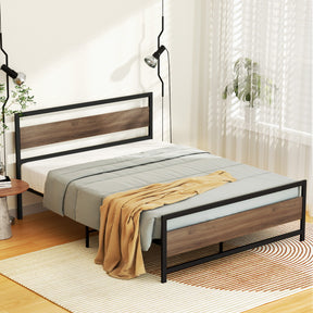 Matraville queen metal platform bed frame in black with pale wood headboard