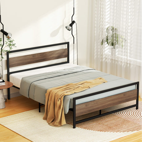 Artiss DREW queen metal platform bed frame in black with pale wood MDF headboard — Allure Home Collections