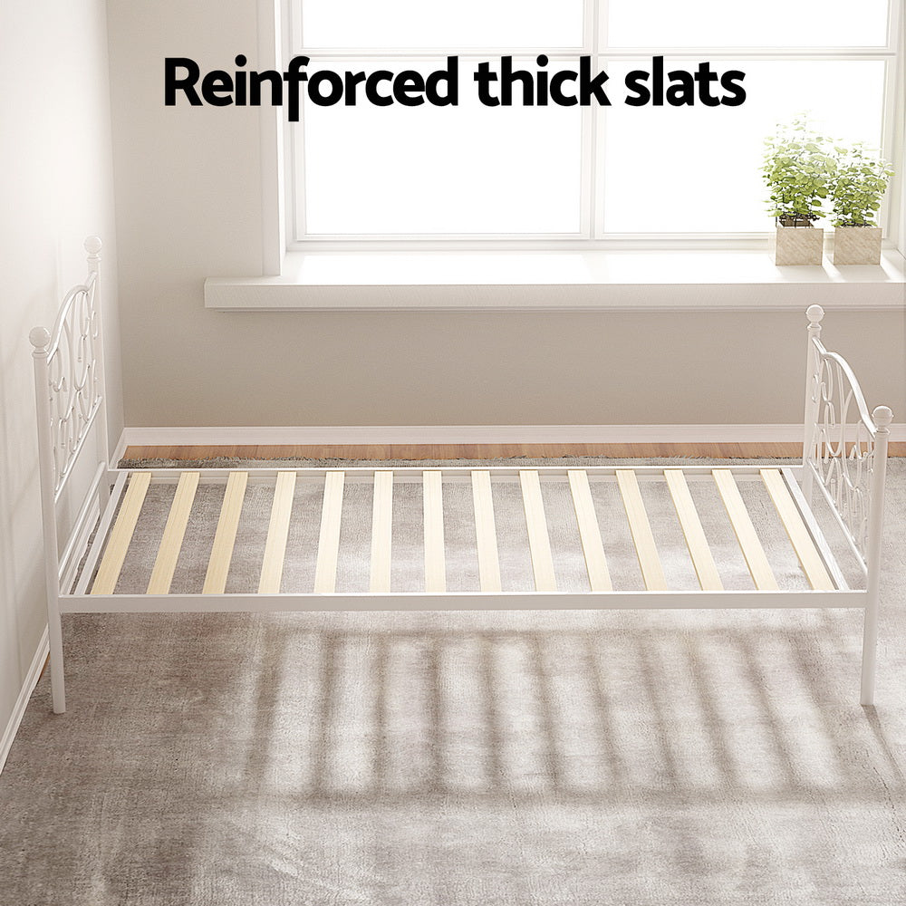 Artiss GROA single white metal bed frame from foot end — Allure Home Collections