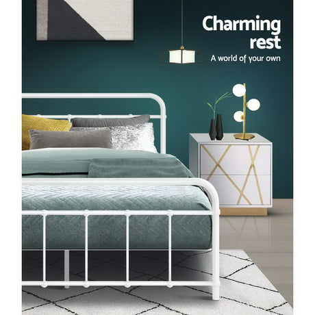 Artiss LEO double white metal bed frame from foot end — Allure Home Collections