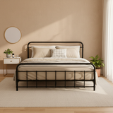 Novara Black Queen bed frame in a modern bedroom