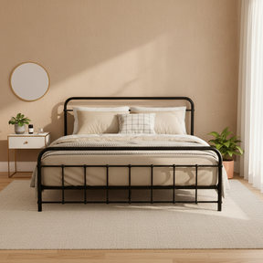 Novara Black Queen bed frame in a modern bedroom