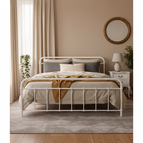 Novara White Queen bed frame in a modern bedroom