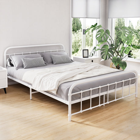 Artiss LEO queen metal bed frame in white — country-style full front view — Allure Home Collections