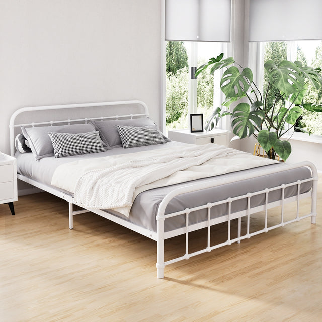 Artiss LEO queen metal bed frame in white — country-style full front view — Allure Home Collections