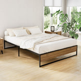 Artiss OSLO double metal bed frame in black steel and MDF dark wood — full front view — Allure Home Collections