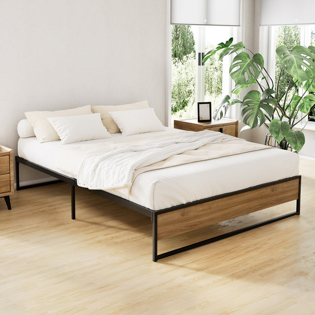 Artiss OSLO double metal bed frame in black steel and MDF dark wood — full front view — Allure Home Collections