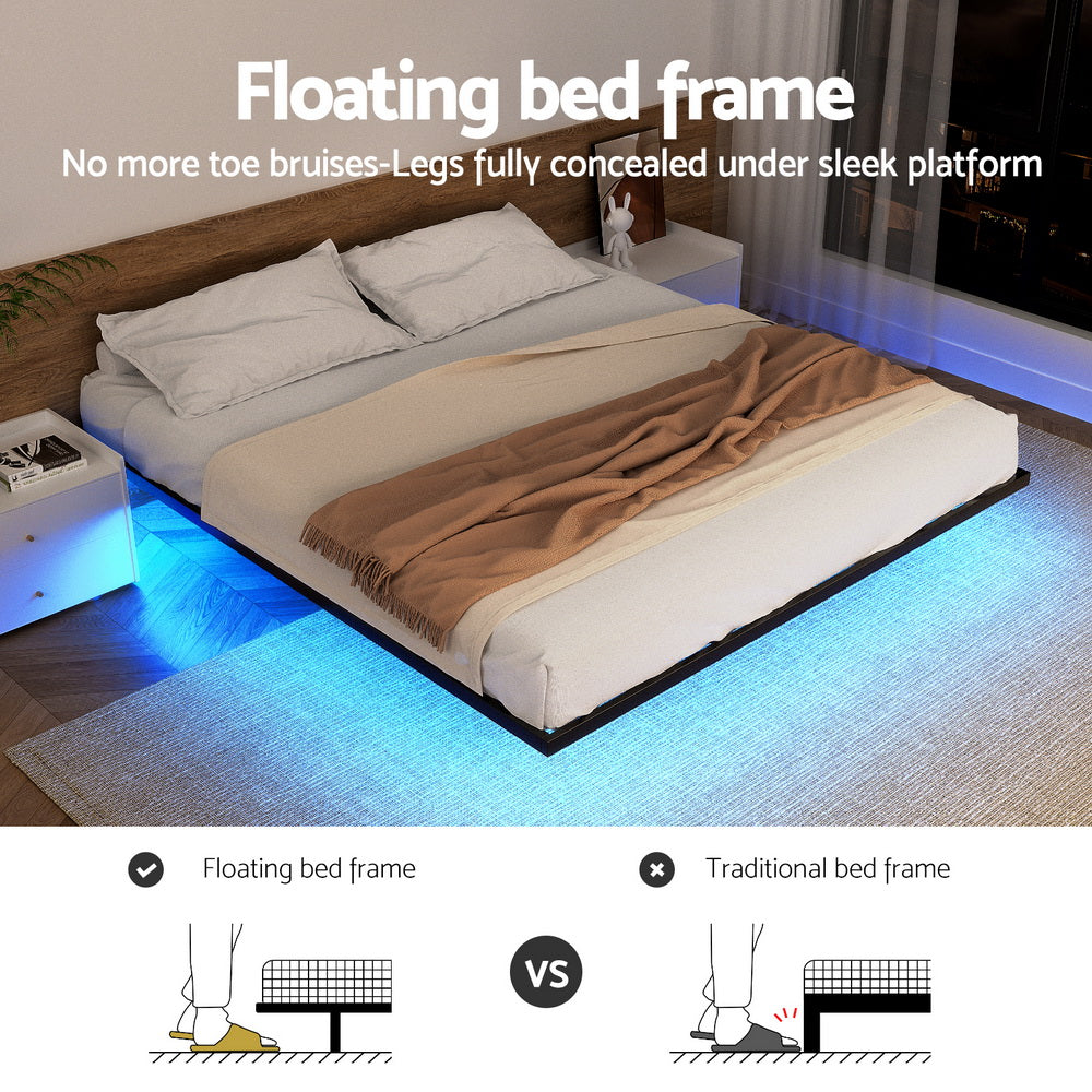 Artiss double floating metal LED bed frame from foot end — Allure Home Collections