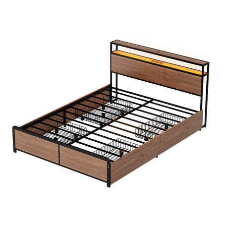Artiss SKY vintage brown double metal bed frame side view — Allure Home Collections