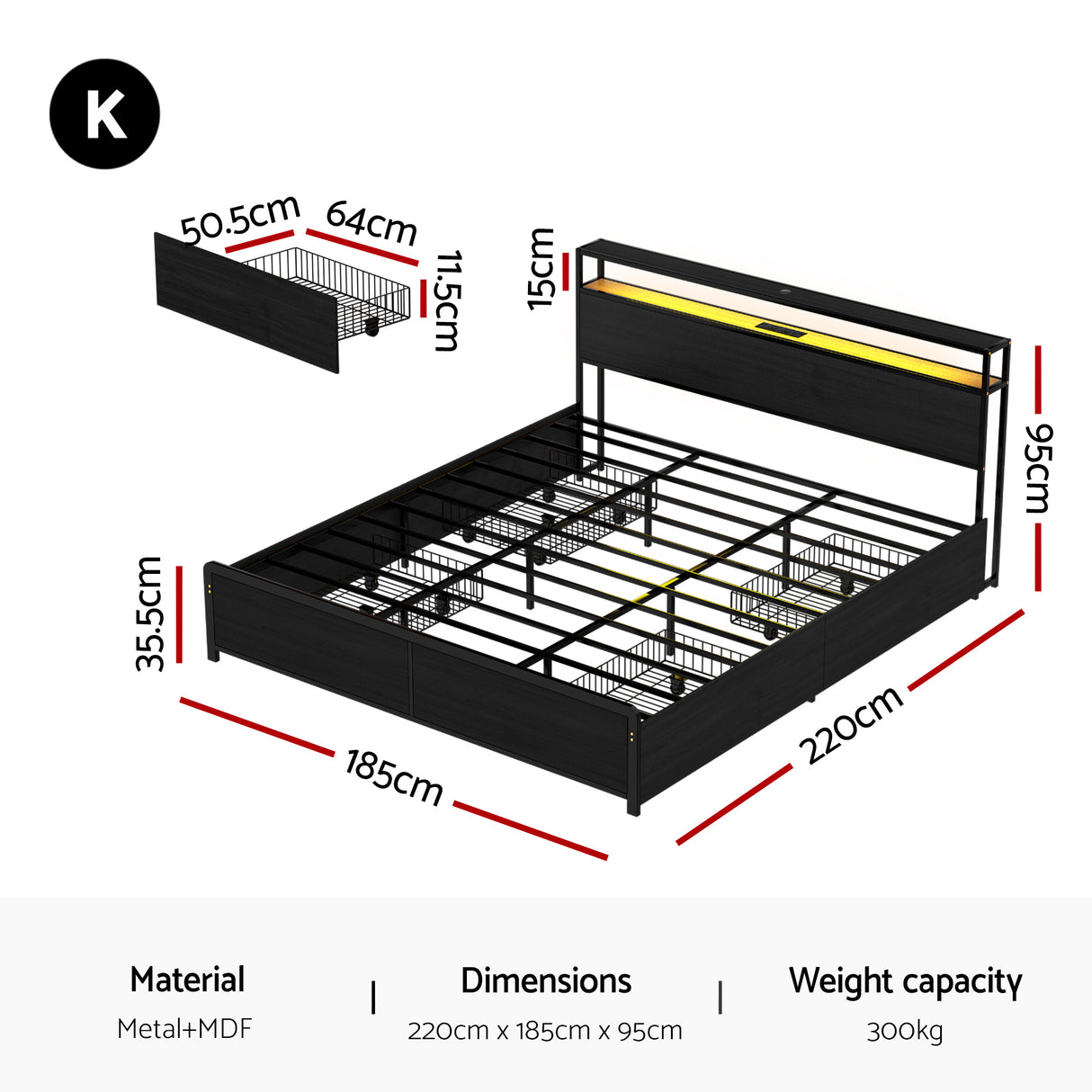 Monaco King Metal Storage Bed, LED, view 2