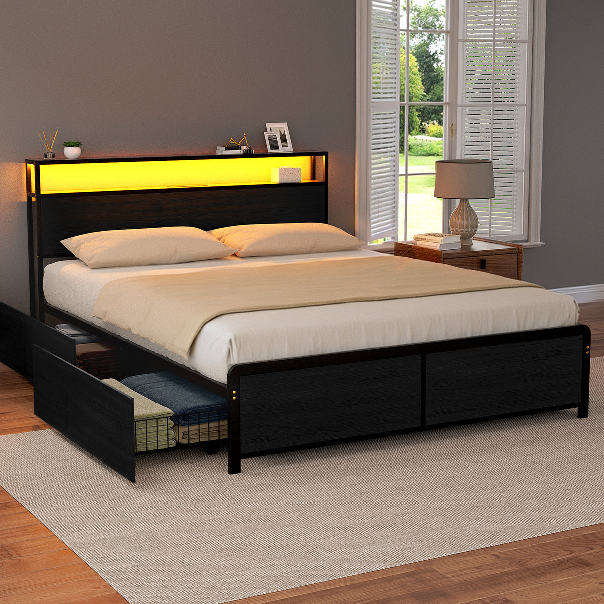 Saluzzo Black Queen bed frame in a modern bedroom