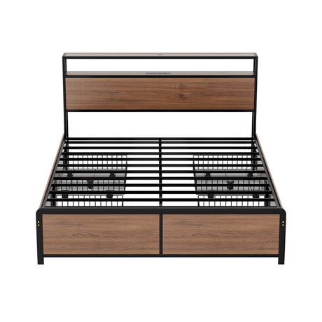 Artiss SKY bed frame 2-tier headboard shelf with AC outlets and USB ports close-up — Allure Home Collections