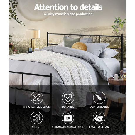 Artiss SOL black queen metal bed frame styled in bedroom — Allure Home Collections