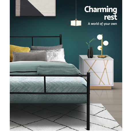 Artiss SOL queen black metal bed frame showing 211 x 158 x 88cm proportions — Allure Home Collections