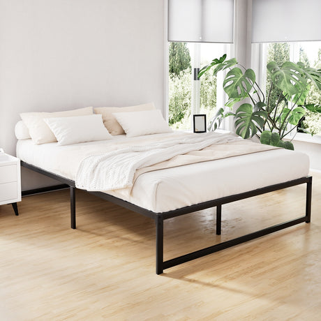 Artiss TINO queen minimalist metal bed frame in black — full front view — Allure Home Collections