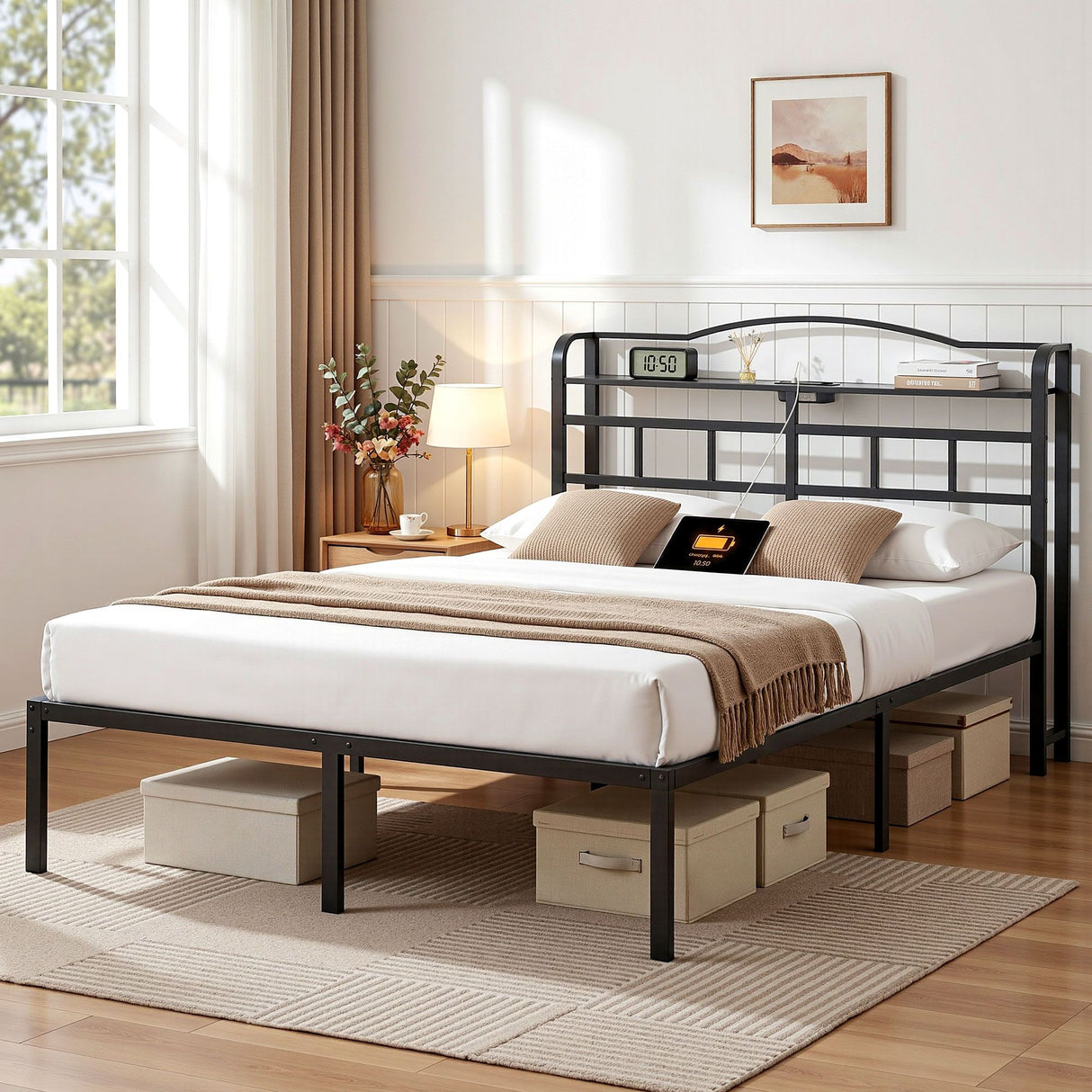 Portofino Black Queen bed frame in a modern bedroom