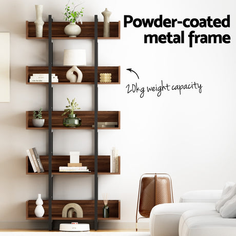 Artiss 5-Tier Walnut Bookshelf with Metal Frame