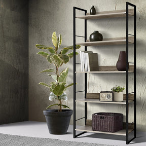 Salisbury 5 tier bookshelf with black frame and oak shelves