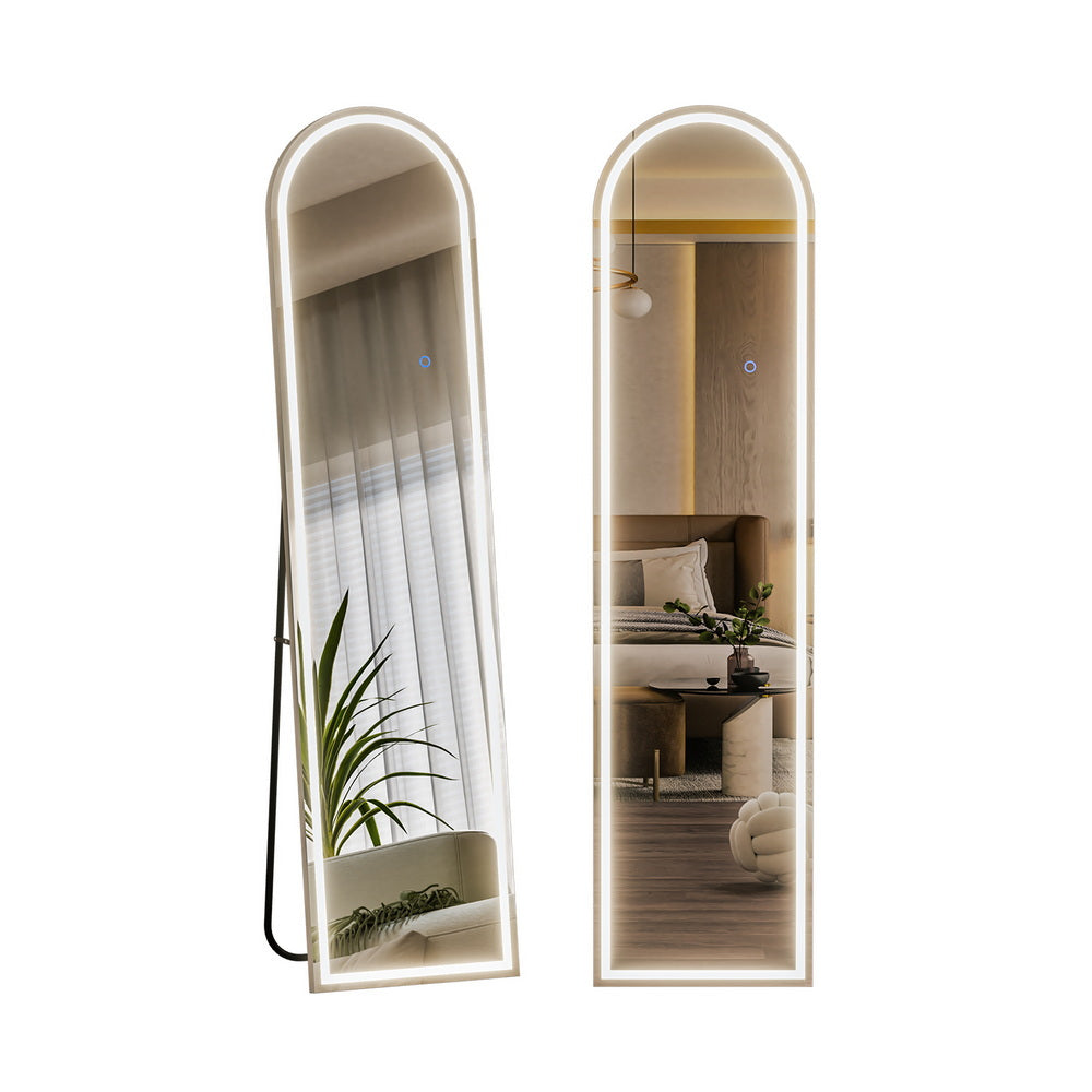 Apollo Bay arched LED full length floor mirror in a styled bedroom